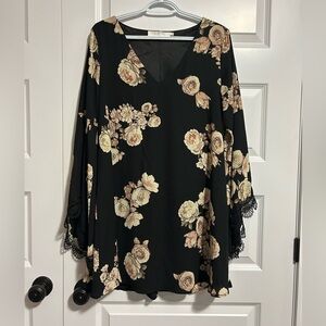 Astr Black Shift V-Neck Pull Over Dress with Floral Design